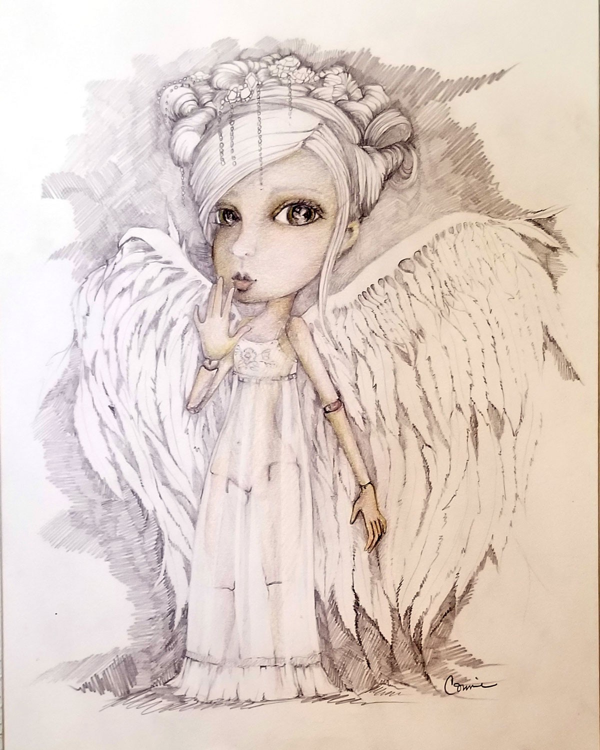 ‘Shhhhhhh...’.   Ball joint ANGEL 11” X 14”  graphite on paper , mounted on board