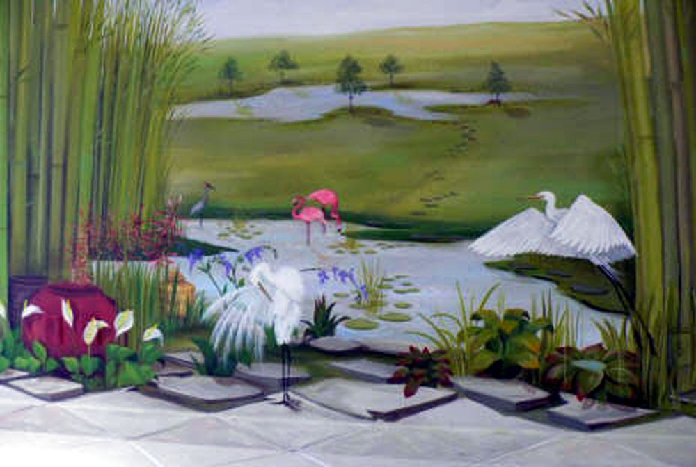 WHITE EGRIT MURAL IN LIVING ROOM.   20’ X 9’