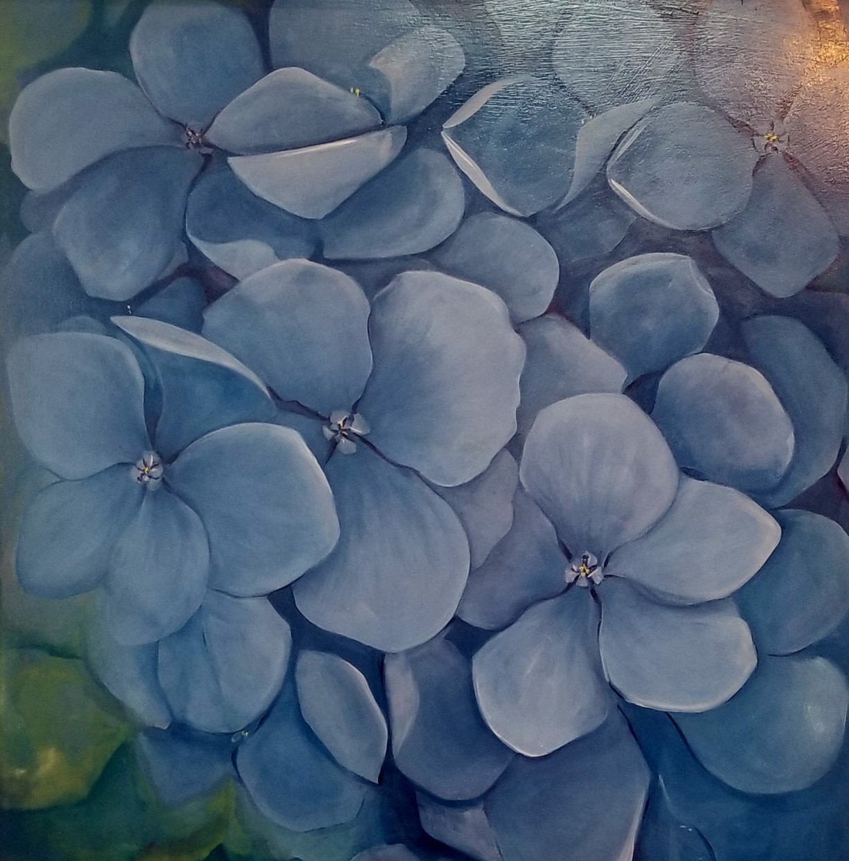 BLUE HYDRANGEA.  30” X 30” oil on board