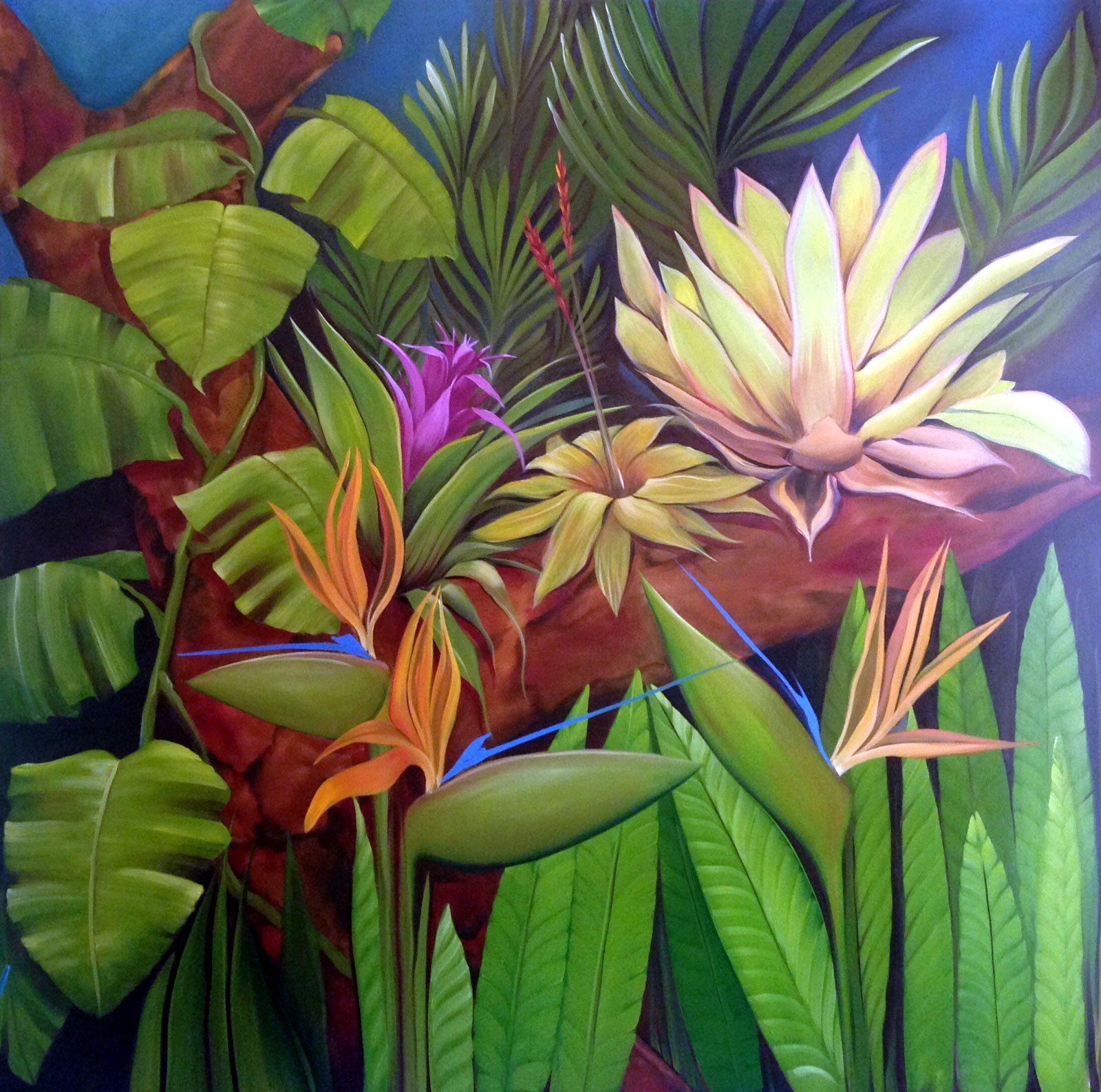 TROPICAL GARDEN.  OIL ON CANVAS   5’ X 5’